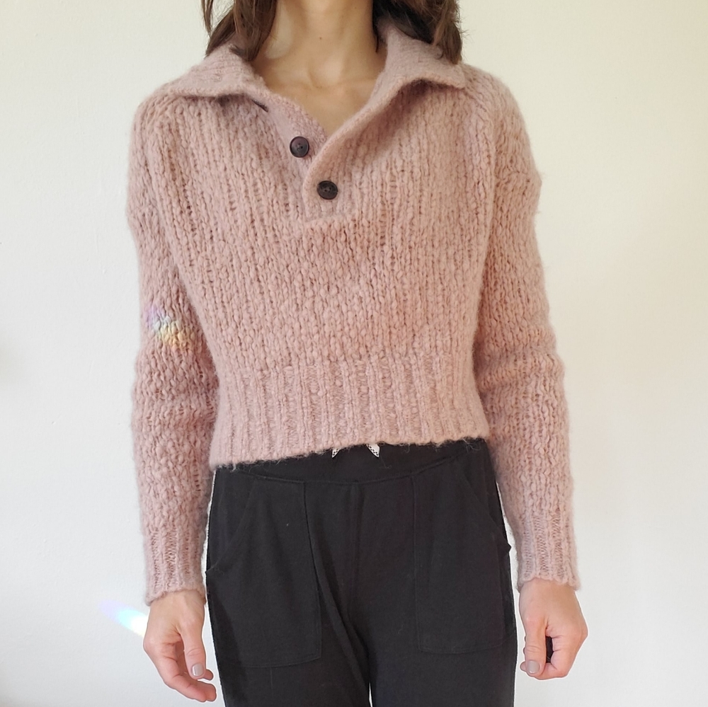 Everlane Cropped Sweater Size XS pink Collar Buttons